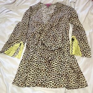 Betsey Johnson Intimates Leopard Print Neon Lace Sleeve Silk Robe